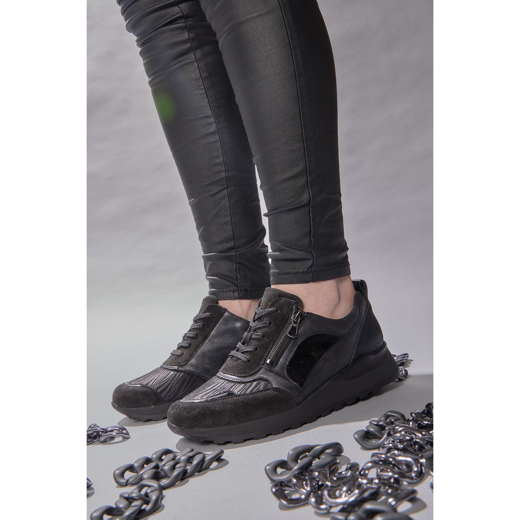 Waldlaufer Hiroko (364h116)- Ladies Stretch Lace/Zip Wedge Trainer in Black | Waldlaufer Shoes |Wide Fit Shoes | Wisemans | Bantry | West Cork | Ireland