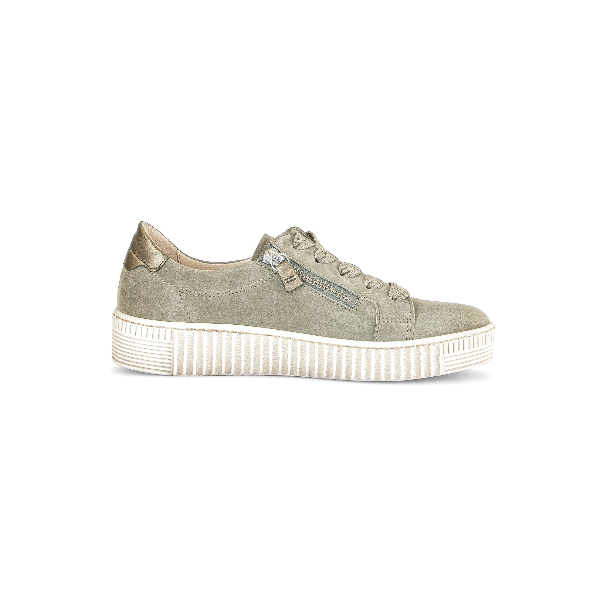 Gabor Wisdom(43.334.11) - Ladies Lace Trainer with Double Zip in Sage Green Suede. Gabor Shoes | Wisemans | Bantry | Shoe Shop | West Cork | Ireland