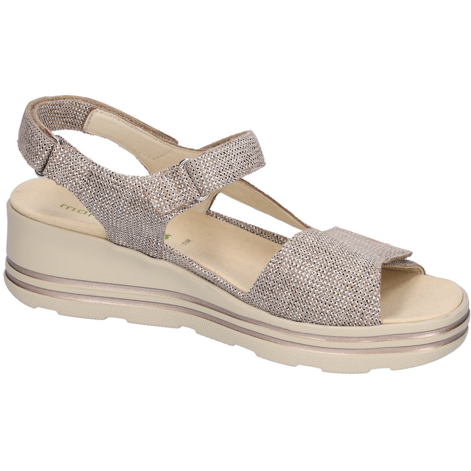 Waldlaufer H-Michelle - Ladies Low Wedge Sandal in Beige Pattern. Waldlaufer  | Wide Fit Shoes | Wisemans | Bantry | West Cork | Ireland
