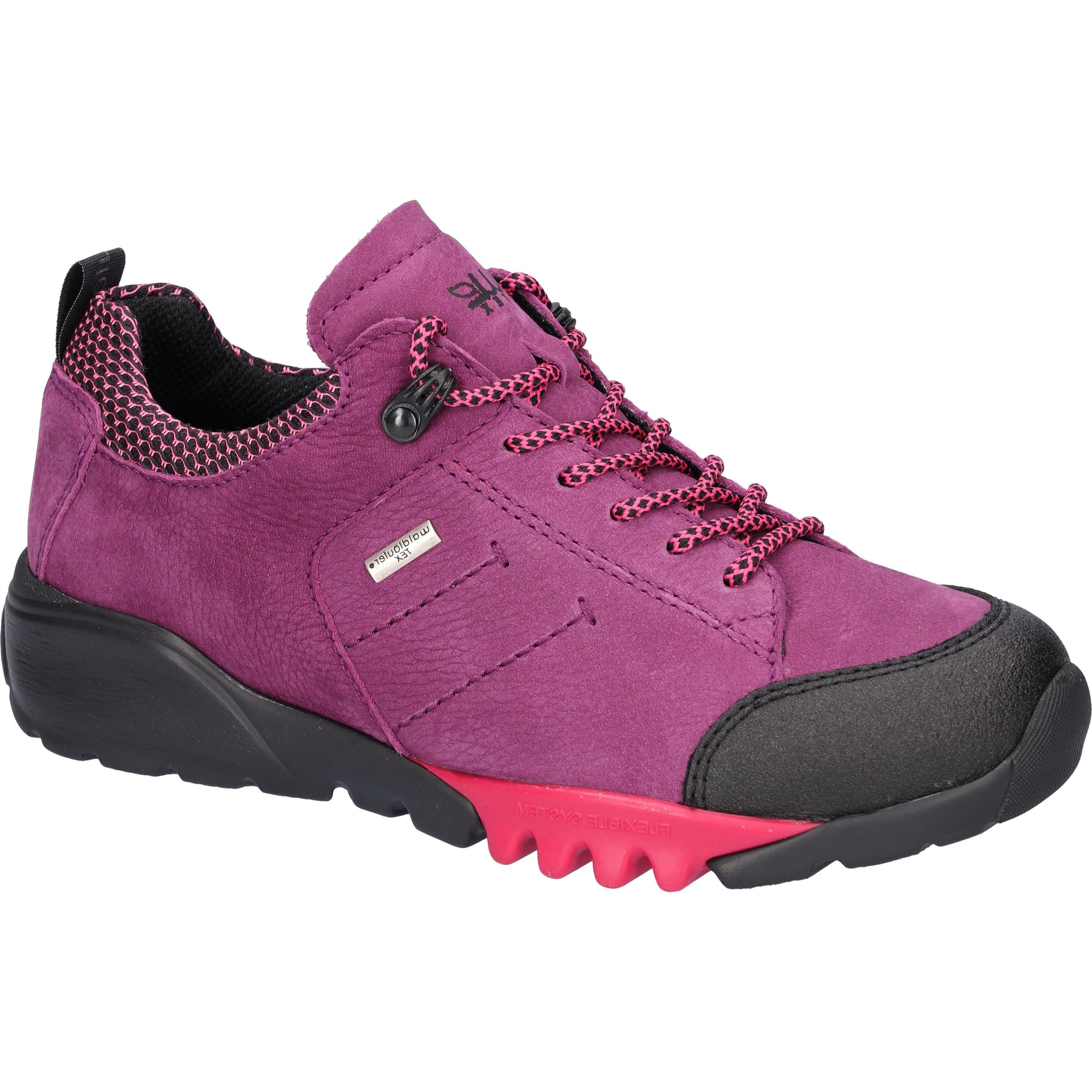 Purple hiking shoes with black and red accents. Waldlaufer Amiata(787952)- Ladies Waterproof Walking Shoe in Berry |&nbsp;|Waldläufer Shoes | Wide Fit Shoes | Wisemans | Bantry | Shoe Shop | West Cork | Ireland
