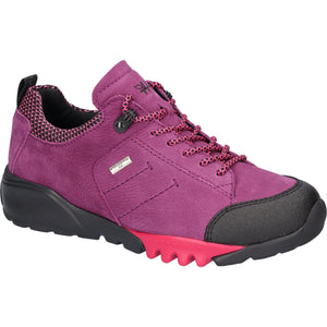 Purple hiking shoes with black and red accents. Waldlaufer Amiata(787952)- Ladies Waterproof Walking Shoe in Berry |&nbsp;|Waldläufer Shoes | Wide Fit Shoes | Wisemans | Bantry | Shoe Shop | West Cork | Ireland

