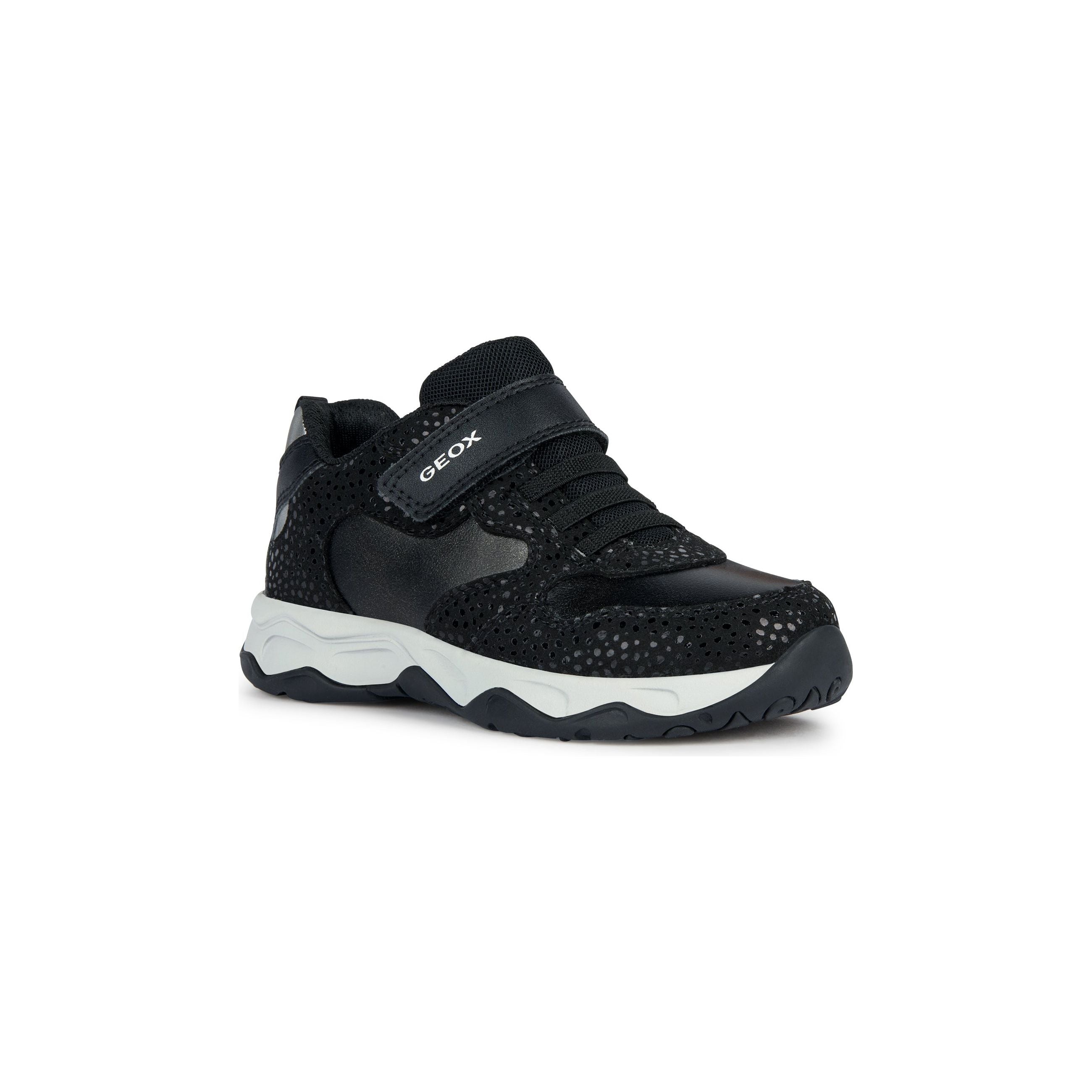 Geox Calco(J16CMA) - Girls Velcro Trainer in Black/Silver | Geox Shoes | Childrens Shoe Fitting | Wisemans | Bantry | West Cork | Ireland.