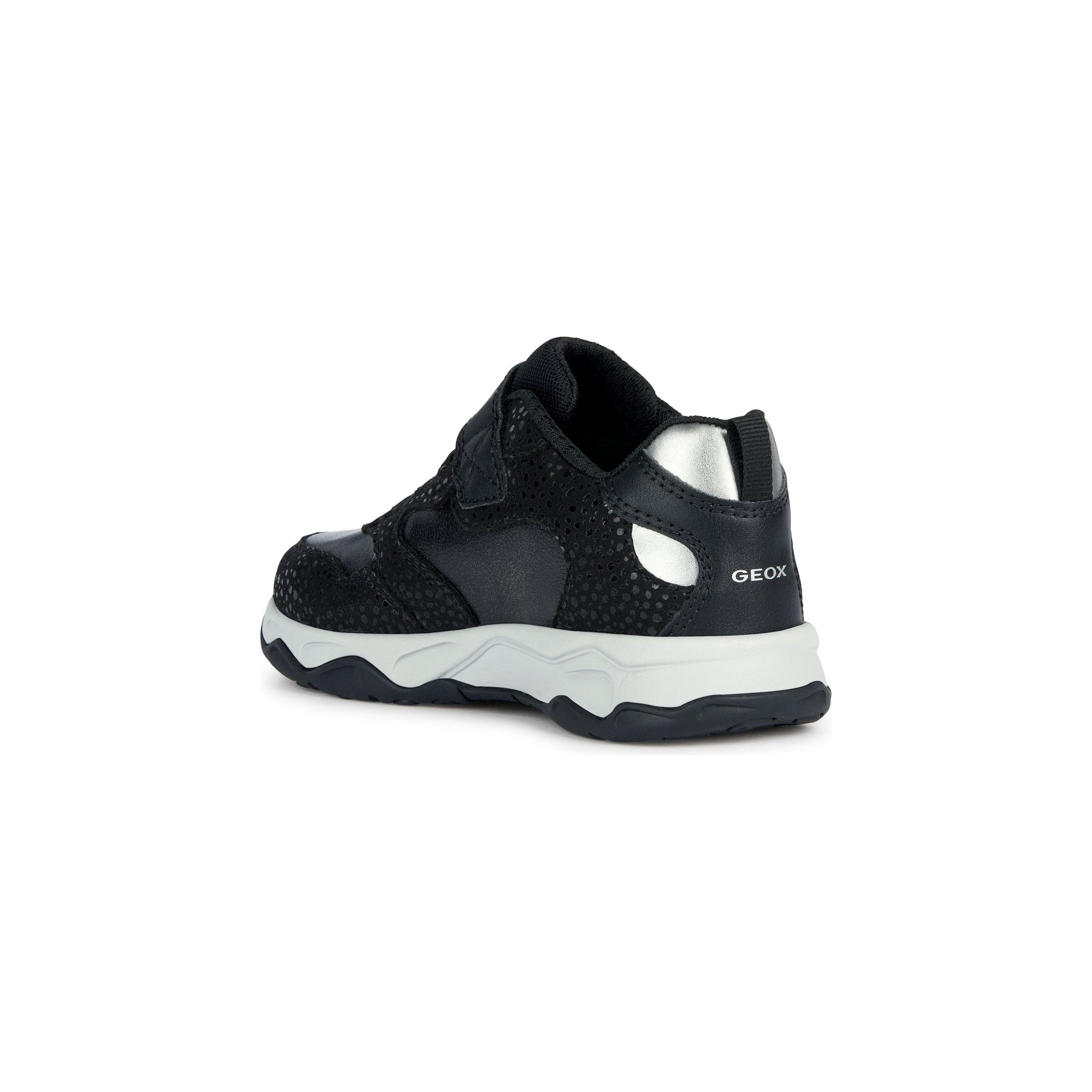Geox Calco(J16CMA) - Girls Velcro Trainer in Black/Silver | Geox Shoes | Childrens Shoe Fitting | Wisemans | Bantry | West Cork | Ireland.