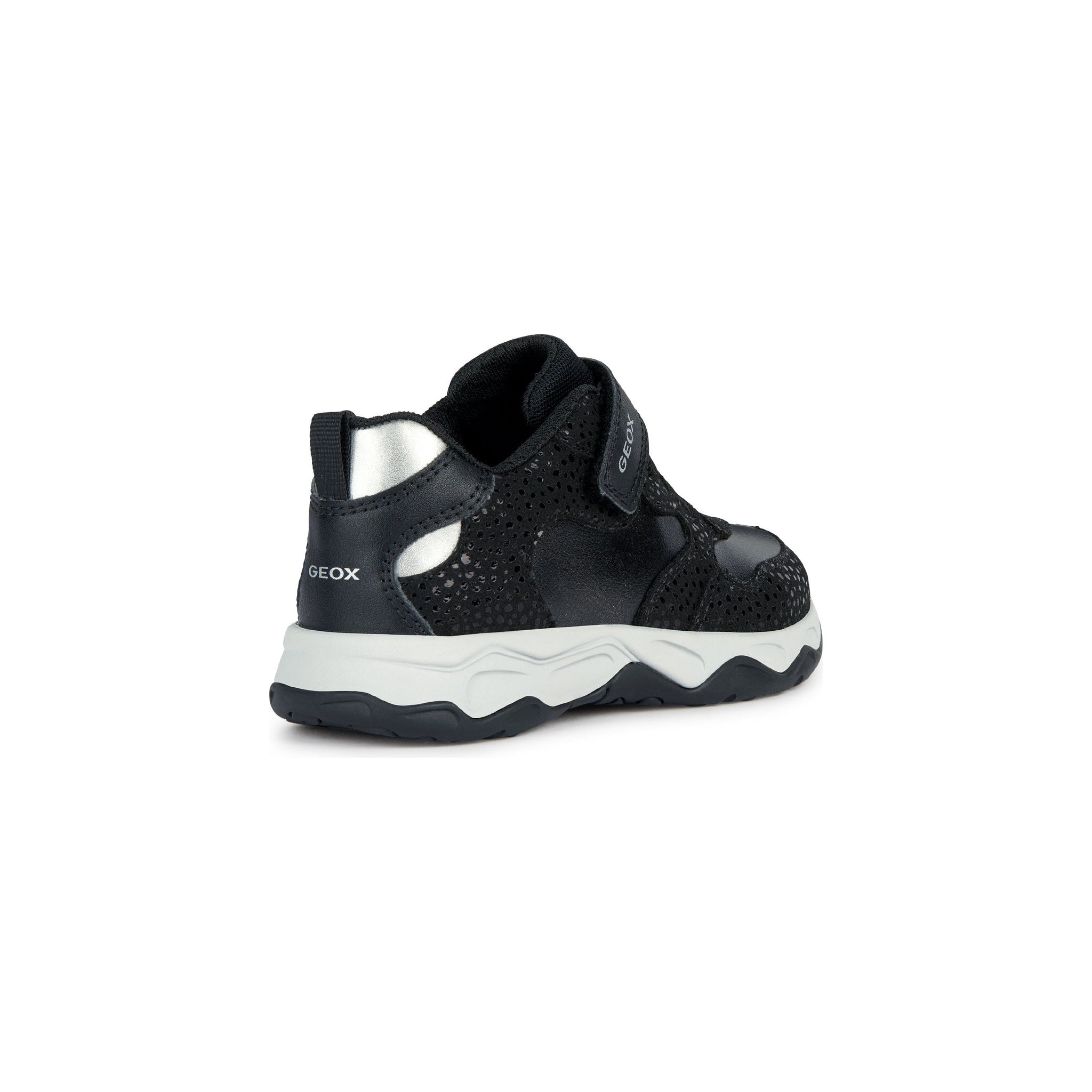 Geox Calco(J16CMA) - Girls Velcro Trainer in Black/Silver | Geox Shoes | Childrens Shoe Fitting | Wisemans | Bantry | West Cork | Ireland.