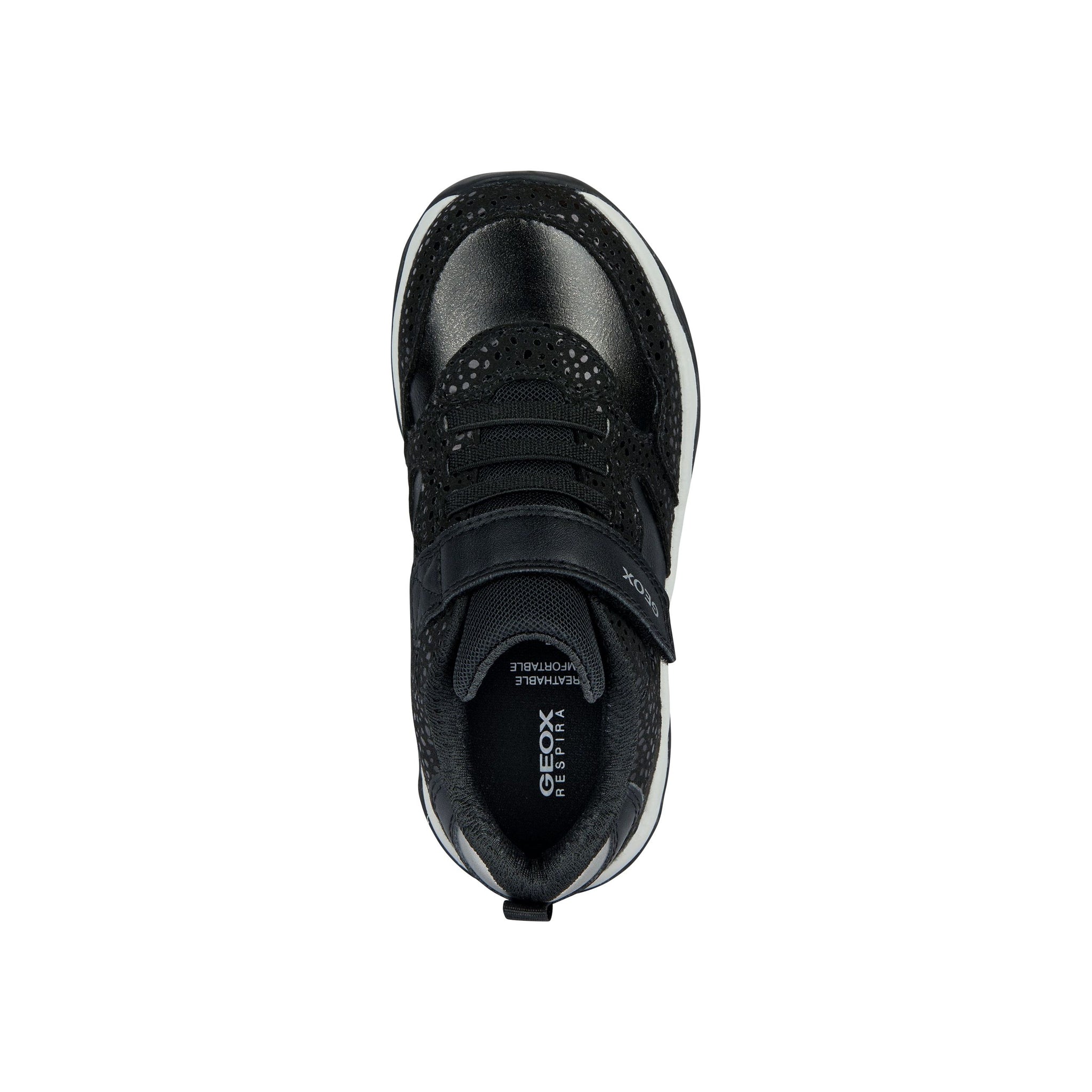 Geox Calco(J16CMA) - Girls Velcro Trainer in Black/Silver | Geox Shoes | Childrens Shoe Fitting | Wisemans | Bantry | West Cork | Ireland.