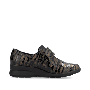 Rieker L4856-90 - Ladies Velcro Brown Patent Croc Wedge| Rieker Shoes | Wisemans | Bantry | West Cork | Shoe Shop | Ireland