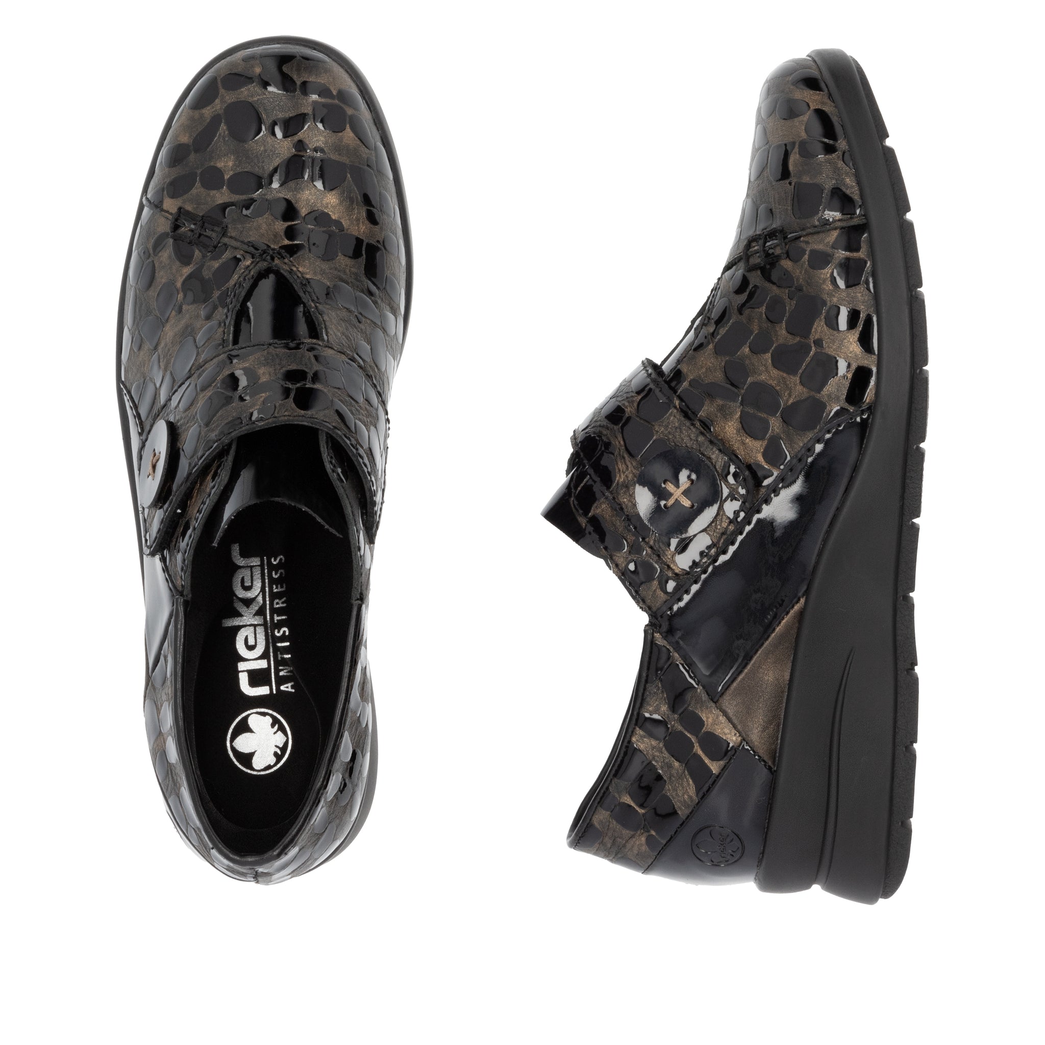 Rieker L4856-90 - Ladies Velcro Brown Patent Croc Wedge| Rieker Shoes | Wisemans | Bantry | West Cork | Shoe Shop | Ireland