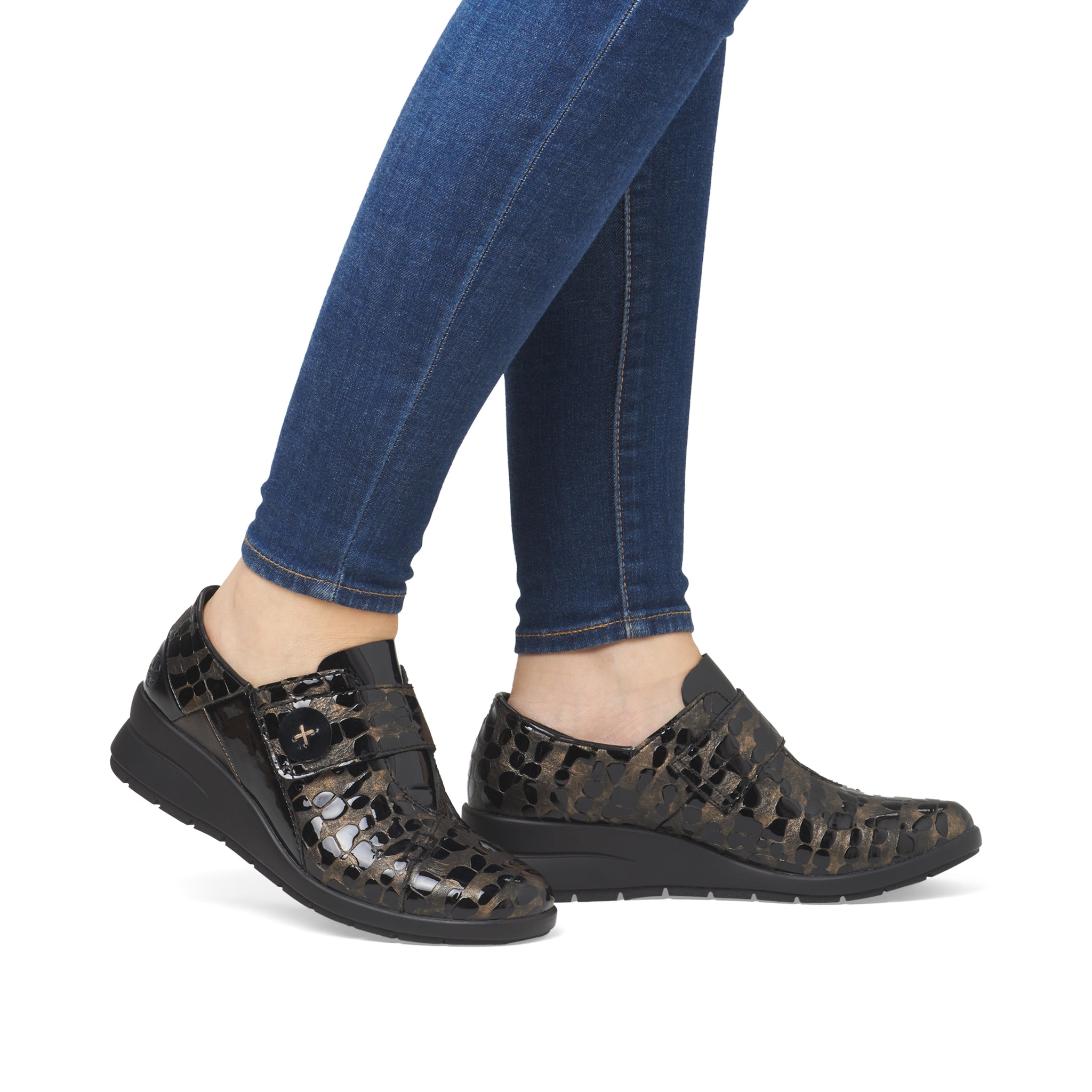 Rieker L4856-90 - Ladies Velcro Brown Patent Croc Wedge| Rieker Shoes | Wisemans | Bantry | West Cork | Shoe Shop | Ireland