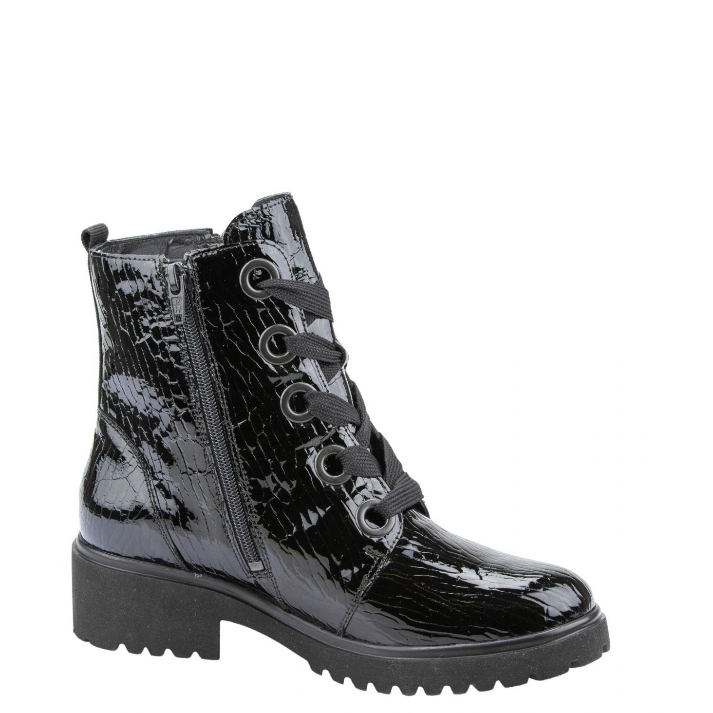 Waldlaufer Luise (716802) - Ladies Lace up Boot with Zip in Black Patent. Waldlaufer Shoes & Boots | Wide fit Shoes | Wisemans | Bantry | West Cork | Cork | Ireland