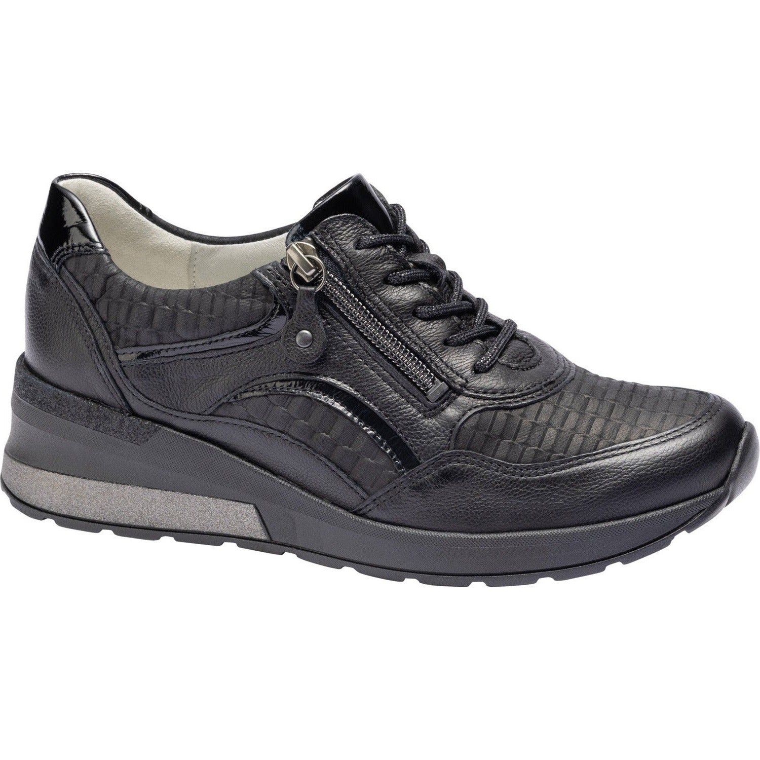 Waldlaufer Clara Ladies Lace Wedge Shoe With Double Zip in Black