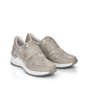 Rieker N4354-80 - Ladies Velcro Wedge Shoe in Beige Metallic. Rieker Shoes | Wisemans | Bantry | West Cork | Ireland