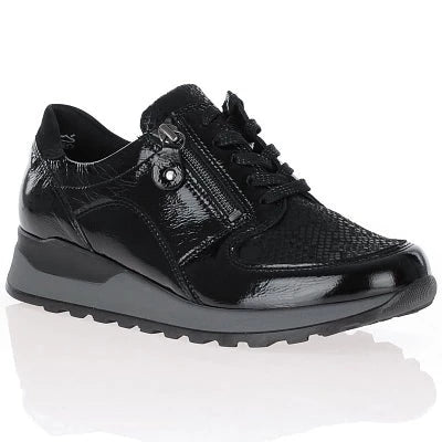 Waldlaufer Hiroko - Ladies Stretch Lace up with Zip in Black Patent