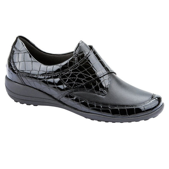 Waldlaufer Katja (K01304) - Ladies Velcro Shoe in Black/Black Patent. Waldlaufer Shoes & Boots | Wide fit Shoes | Wisemans | Bantry | West Cork | Cork | Ireland